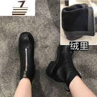 尗卡新款pl1白色前拉链粗跟短靴女网红瘦瘦靴英伦风马丁靴子女士靴子