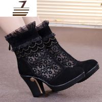 尗卡新款镂空女鞋马丁靴女短靴真皮蕾丝网靴子高跟鞋粗跟网纱女靴女士靴子