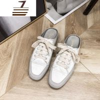 尗卡帆布鞋半拖鞋女网红小白鞋2020新款西班牙小众绸缎包头拖女鞋