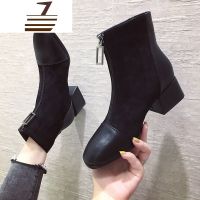 尗卡短靴女2020新款英伦风马丁靴韩版百搭粗跟前拉链机车单靴子女士靴子