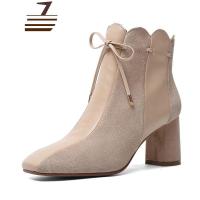 尗卡新款韩版真皮粗跟马丁靴花边短靴蝴蝶结弹力靴裸靴女靴子