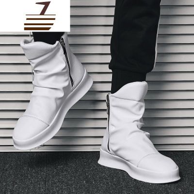 尗卡2020韩版潮流白色马丁靴男士英伦皮靴子网红短靴高帮皮鞋白靴