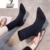 尗卡女鞋靴子新款百搭短靴尖头细跟高跟马丁靴针织弹力靴袜靴