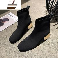 尗卡方头弹力袜子靴女新款韩版显瘦针织粗跟高跟短靴子马丁靴