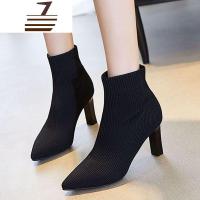尗卡欧美粗跟尖头短靴女单靴2020新款针织弹力袜靴百搭高跟马丁靴