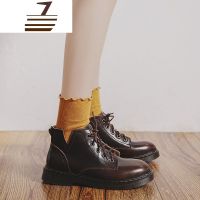 尗卡马丁靴女英伦风复古机车短靴真皮黑色帅气平底学生ann靴子