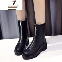 尗卡前拉链短靴女鞋2020新款单靴网红中筒靴粗跟马丁靴纯黑色皮鞋女士靴子