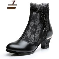 尗卡真皮镂空网纱靴马丁靴女靴中跟短靴女鞋蕾丝网靴透气女单靴子女士靴子