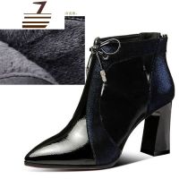 尗卡靴子女尖头网纱新款粗跟高跟英伦风马丁靴韩版短靴短筒漆皮瘦瘦靴女士靴子