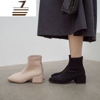尗卡新款网红单靴粗跟中跟方头黑色短靴子女马丁靴弹力瘦瘦靴女士靴子