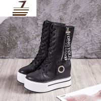 尗卡小34欧洲站10CM内增高女靴子真皮中筒白色马丁靴侧拉链厚底休闲靴女士靴子