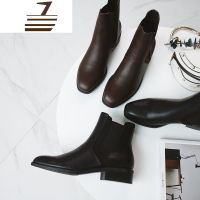 尗卡新低跟平底方头切尔西靴短靴英伦复古马丁靴女靴子女士靴子