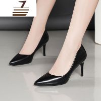 尗卡真皮高跟尖头单鞋女新款黑色细跟礼仪中跟面试正装职业工作鞋