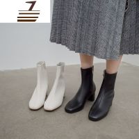 尗卡网红瘦瘦牛皮单靴方头拉链中跟粗跟白色短靴子女英伦风马丁靴女士靴子