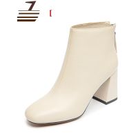 尗卡高跟短靴女真皮粗跟网红英伦风方头马丁靴韩版百搭白色瘦瘦单靴子女士靴子