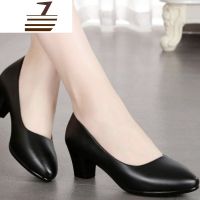 尗卡四季单鞋粗跟圆头中跟女鞋方根浅口黑色皮鞋女士工作鞋套脚女单鞋