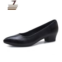 尗卡真皮工作鞋女黑色百搭高跟鞋女粗跟中跟上班皮鞋平底单鞋职业女鞋