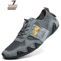 尗卡户外休闲网布鞋真皮男士登山鞋透气网面徒步防滑运动网布鞋男帆布鞋