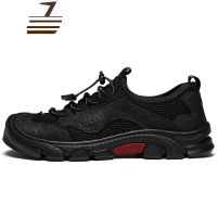 尗卡户外运动休闲皮鞋网面登山厚底防滑耐磨真皮头层牛皮透气男鞋休闲鞋