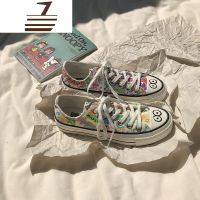 尗卡韩版手绘涂鸦百搭ulzzang帆布鞋女学生复古港风小白鞋