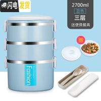三维工匠多层饭盒套装上班族大容量不锈钢微波炉便当盒学生带饭餐盒保温桶 蓝色[三层+餐具]