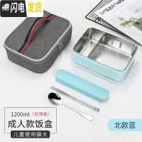 三维工匠学生304不锈钢保温饭盒 儿童隔热长方形密封防漏便当盒 成人餐盒 北欧蓝带隔加袋(成人款)