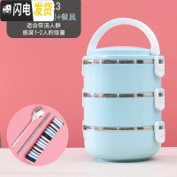 三维工匠不锈钢多层保温饭盒便当盒学生便携1人分隔型女上班族3格餐盒套装 三层(北欧蓝)+餐具