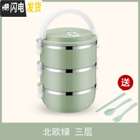 三维工匠简约不锈钢饭盒保温分格1成人可爱便当盒学生2韩国3多层4带盖餐盒 三层北欧绿+餐具
