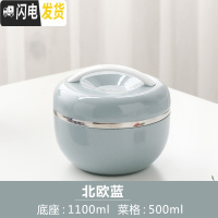 三维工匠304不锈钢饭盒学生女带盖苹果型餐盒儿童防烫双层便当盒饭缸简约 北欧蓝(大号)