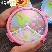 三维工匠304不锈钢圆形饭盒 分格中小学生便当盒分隔儿童餐盘1层密封韩国 绿圆3格[送餐具]+袋子