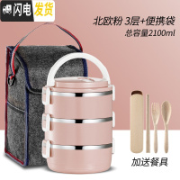 三维工匠饭盒 保温饭盒 便当盒成人餐盒韩国分格带盖多层不锈钢学生餐盒 北欧粉3层+便携袋(送餐具)
