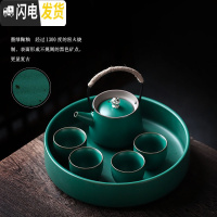 三维工匠日式茶具套装家用一壶四杯便携旅行功夫茶具陶瓷茶盘小套简约 墨绿陶釉-收纳盘套装(麻绳提梁)