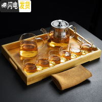 三维工匠玻璃茶具套装家用茶盘功夫茶杯泡茶壶办公室泡茶 大号玻璃茶壶(650)+公杯+6黄把直杯+凹槽竹托盘+茶 8件