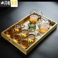 三维工匠带把加厚大号玻璃茶杯直把功夫茶具套装家用品茗杯过滤 凹槽托盘+六直把杯(绿)+绿叶茶漏+透明茶壶+平底圆形公道杯