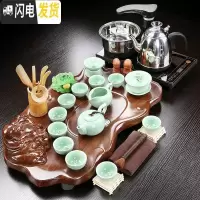 三维工匠功夫茶具套装家用整套紫砂陶瓷全自动实木茶盘电磁炉茶台茶海喝茶 款式9:立体布袋佛+青瓷鱼茶具 22件