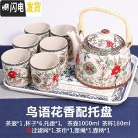 三维工匠大号青花瓷茶壶茶具陶瓷整套内胆过滤家用简约现代景德镇茶杯套装 8头提梁壶鸟语花香配托盘