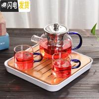 三维工匠玻璃功夫茶具套装简约家用办公旅行泡茶器飘逸杯红花茶壶一壶二杯 蓝把西施3件套+密胺盘