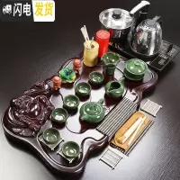 三维工匠功夫茶具套装家用简约整套电热磁炉茶盘陶瓷紫砂茶杯茶道茶台 孔雀绿冰裂全色弥勒佛茶盘电磁炉套装 2件