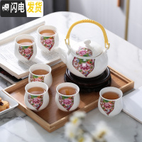 三维工匠景德镇功夫茶具套装陶瓷茶具家用提梁壶整套手绘描金茶壶茶杯礼品 花季绽放带礼盒送竹盘 7件