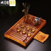 三维工匠透明玻璃茶具套装整套功夫茶杯套装家用简约现代茶盘茶道组合耐热 双龙戏珠原木色直把杯套装 18件