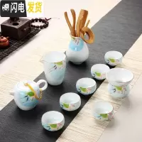 三维工匠德化白瓷手绘功夫茶具套装家用简约青花陶瓷荷花茶壶盖碗茶杯 鱼戏莲蓬:禅定杯11头茶壶套装