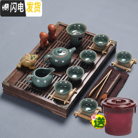 三维工匠紫砂陶瓷功夫茶具套装家用茶杯简约办公实木小茶盘抽屉式茶台整套 哥窑茶具+小兰香[橡木色] 20件