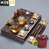 三维工匠紫砂陶瓷功夫茶具套装家用茶杯简约办公实木小茶盘抽屉式茶台整套 玻璃茶具+小兰香[橡木色] 20件