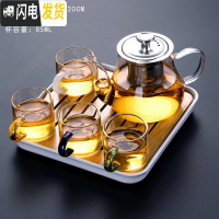 三维工匠日式玻璃茶具套装家用简约整套功夫茶具办公茶杯透明过滤 400不锈钢(4色/把杯)套装—小四方(条纹)密胺/白