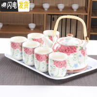 三维工匠大号提梁壶茶具套装家用酒店餐厅陶瓷复古青花茶壶茶杯整套带托盘 玫红色玫瑰1壶6杯1密胺 8件