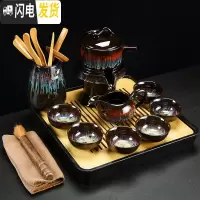 三维工匠窑变功夫茶具套装家用陶瓷石磨半全自动懒人泡茶器防烫天目釉建 窑变蓝沙金釉石磨茶具(10件)+日月方形密胺盘(黑)