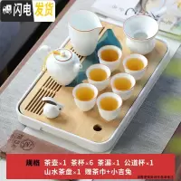 三维工匠 功夫茶具套装家用整套日式茶壶茶盘白瓷茶杯陶瓷泡茶盖碗 古悦-茶壶9件装+山水密胺盘