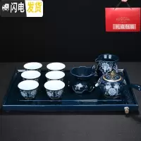 三维工匠景德镇青花瓷茶具套装 陶瓷手工功夫茶具整套家用茶道泡茶壶茶杯 霁蓝-侧把壶-方盘套装