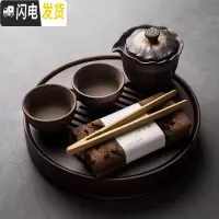 三维工匠复古粗陶盖碗茶具套装家用功夫日式茶壶整套干泡小茶台功夫茶茶盘 粗陶套装6入—莲叶手抓壶