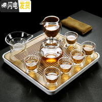 三维工匠家用简约透明玻璃茶具套装储水竹茶盘茶壶盖碗双层茶杯 透明玻璃壶+6双层直筒杯+大号双层公杯+平把茶漏+正方听风盘